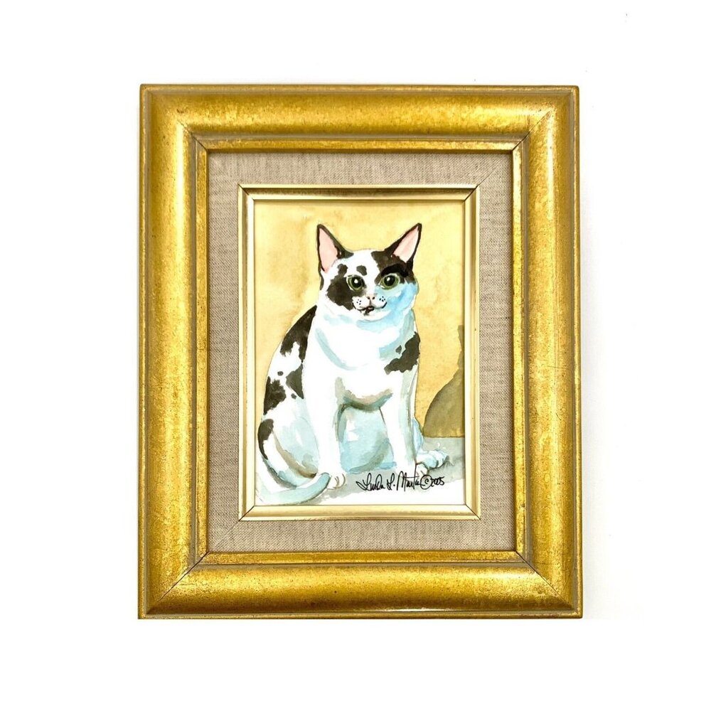 Painting Plump Kitty Cat Animal Watercolor in Golden Wood Frame Art Decor Gift